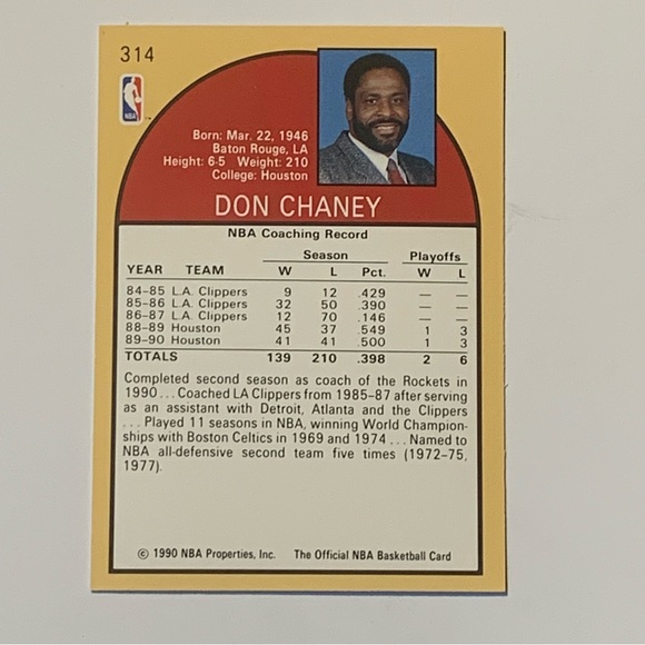 1990 NBA HOOPS Houston Rockets Don Chaney #314 - Picture 2 of 2